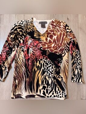 VTG Y2K ISA Mixed Animal Print Sequin V-Neck Top 3/4 Sleeve Knit Blouse